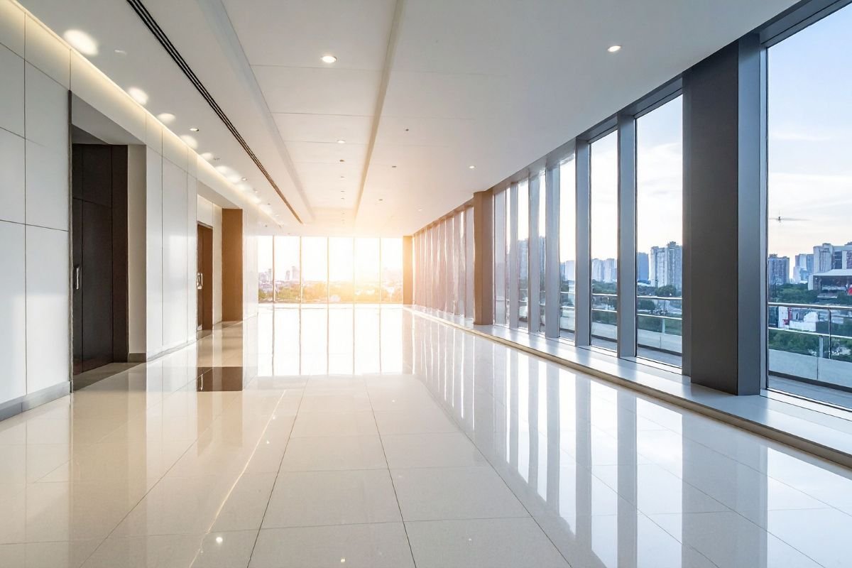 Interior de una oficina con grandes ventanales equipada con película arquitectónica para reducir el calor, controlar el deslumbramiento y mantener la iluminación natural.