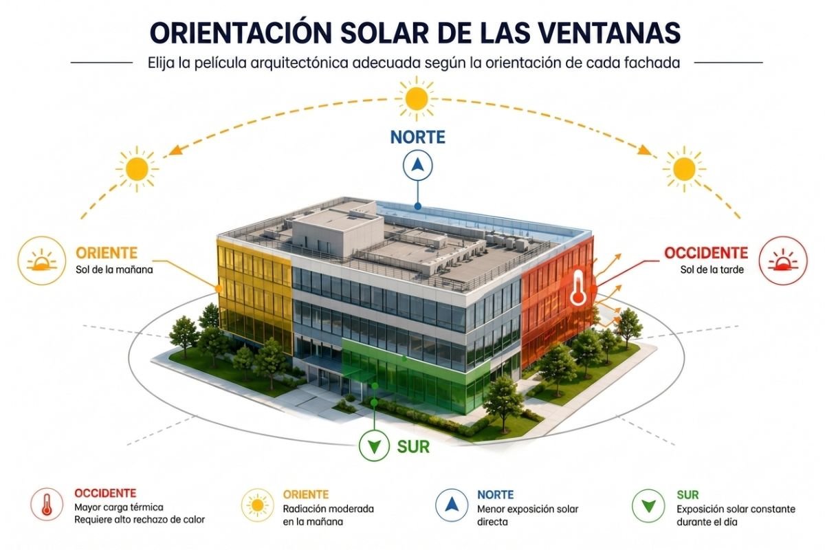 Infografía que muestra la orientación solar de un edificio con las fachadas norte, sur, oriente y occidente para elegir la película arquitectónica adecuada.