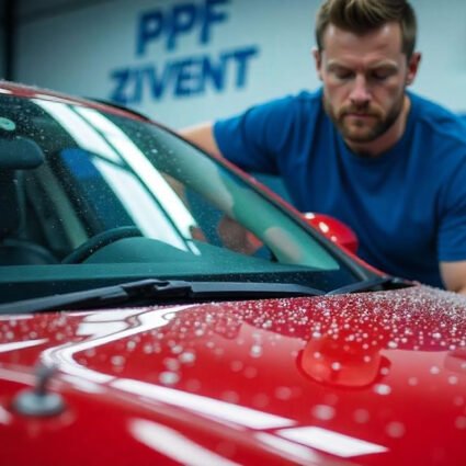 Técnico aplicando PPF sobre carro rojo para proteger la pintura contra rayones y agentes externos.