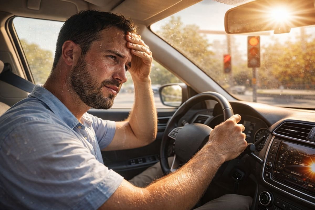 Conductor sufriendo por calor extremo y sudor dentro de un vehículo sin polarizado en Colombia.