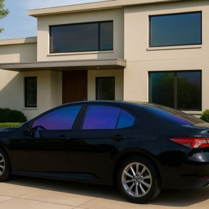 Carro negro con vidrios polarizados camaleón y vivienda residencial con ventanas polarizadas