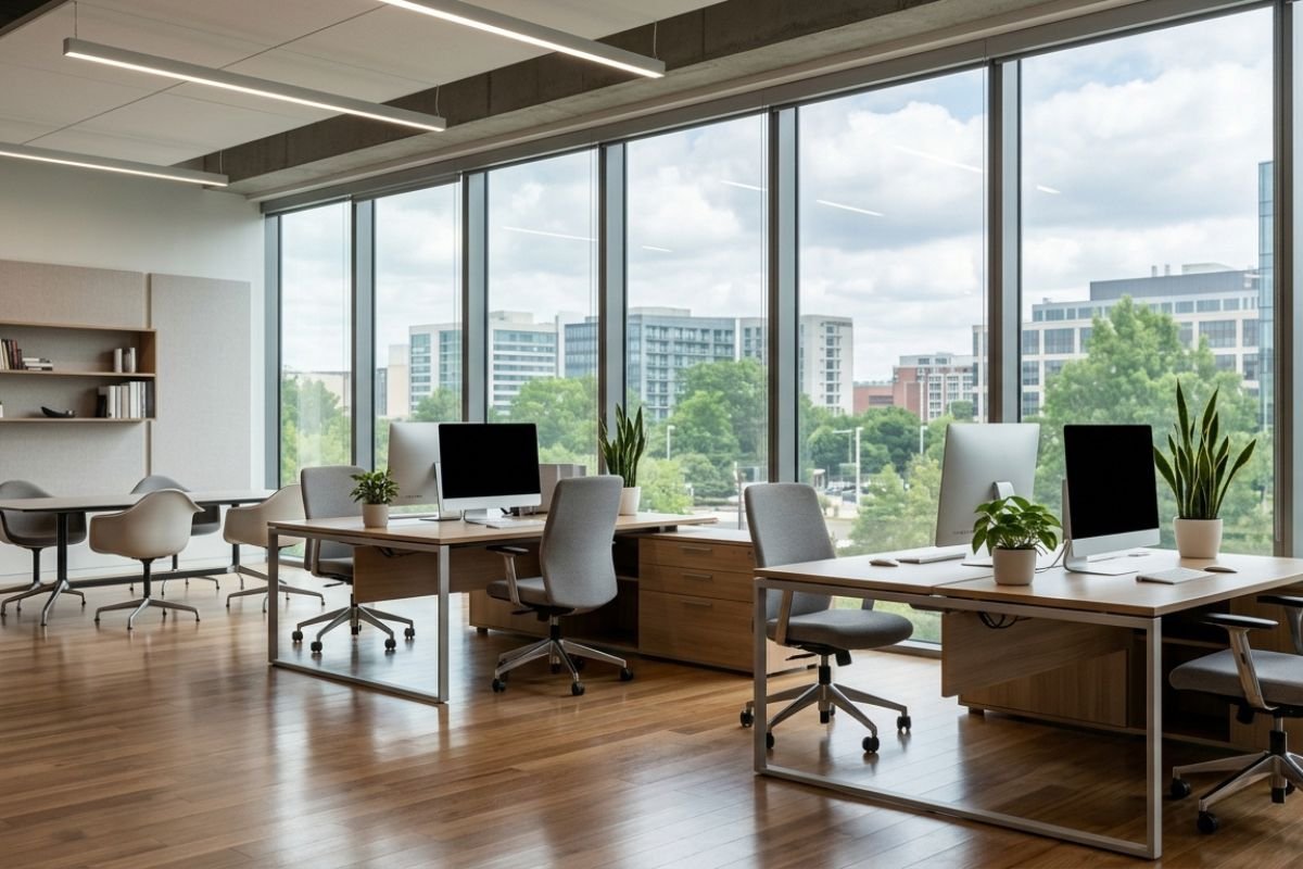 Confort térmico en oficina con protección solar en ventanas