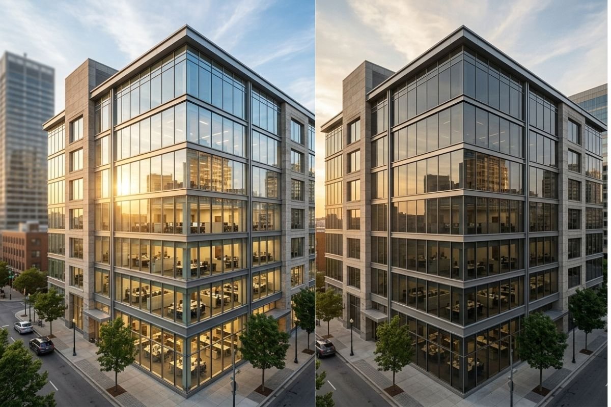 Instalación de película de control solar en edificio corporativo en Colombia