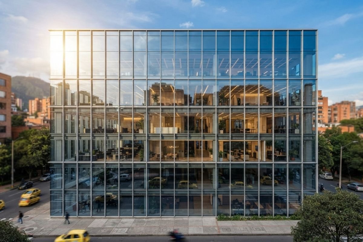 Película de control solar en fachada de edificio con grandes ventanales
