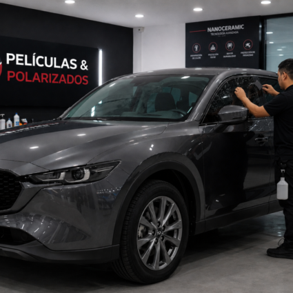 Instalación profesional de polarizado cerámico en una Mazda CX-5 en Colombia para reducir calor, proteger contra rayos UV y mejorar la privacidad del vehículo.