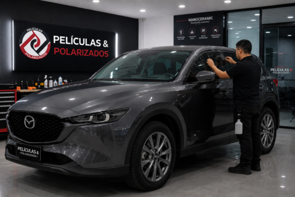 Instalación profesional de polarizado cerámico en una Mazda CX-5 en Colombia para reducir calor, proteger contra rayos UV y mejorar la privacidad del vehículo.
