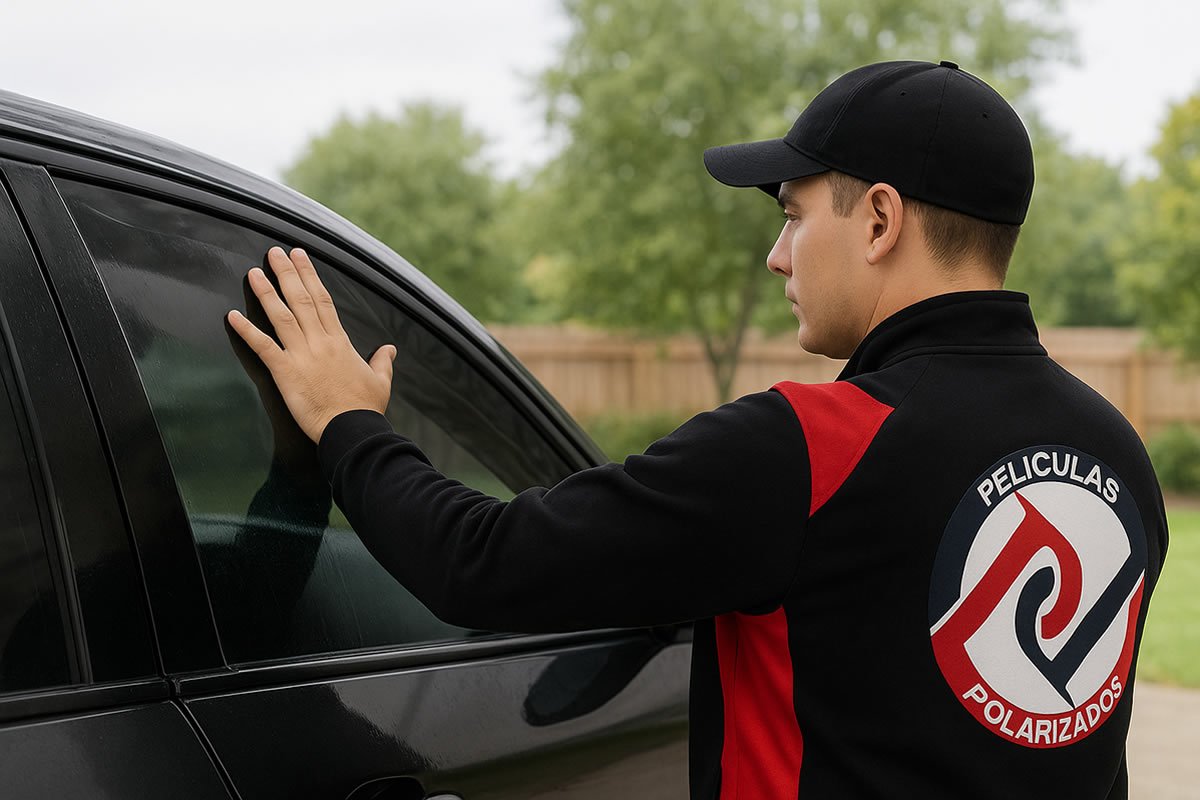 hombre instalando un polarizado en ventana de un carro