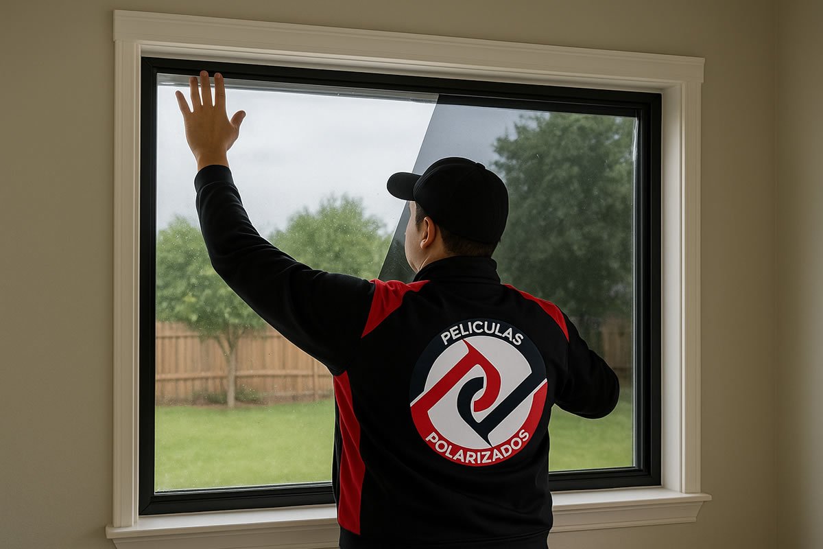 hombre instalando un polarizado en ventana de una casa