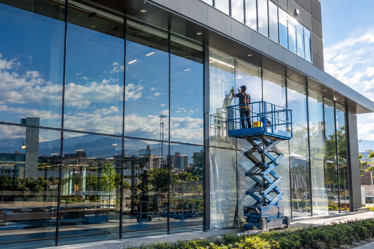 Instalación de películas arquitectónicas en fachada comercial