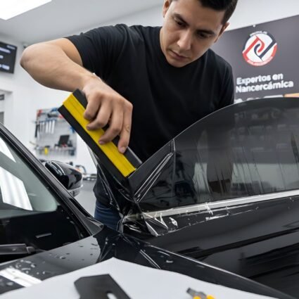 Técnico instalando película polarizada en vidrio lateral de automóvil con herramientas profesionales.