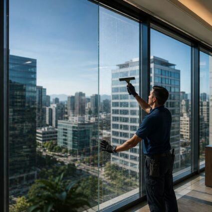 Técnico instalando una película de seguridad transparente sobre el vidrio interior de un ventanal en una oficina corporativa moderna.