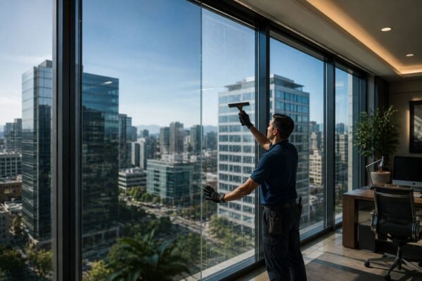 Técnico instalando una película de seguridad transparente sobre el vidrio interior de un ventanal en una oficina corporativa moderna.