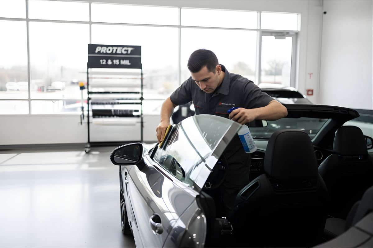 Instalación de película de seguridad transparente en vidrio con acabado profesional.