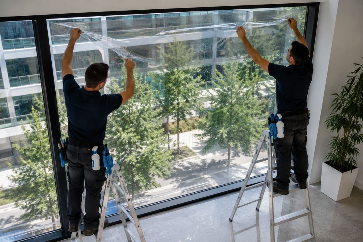 Instalación de película de seguridad para empresas en vidrios de oficina