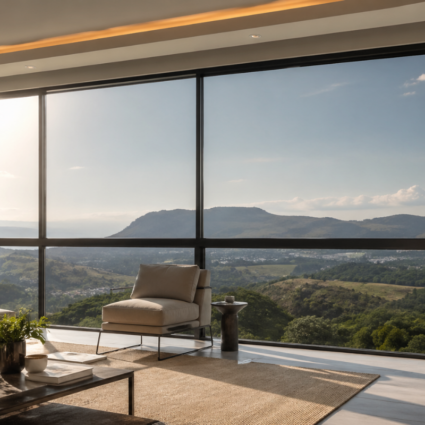 Instalación de polarizado arquitectónico en Armenia Quindío en ventana panorámica de apartamento moderno con vista a montañas, reduciendo el calor y el brillo solar.