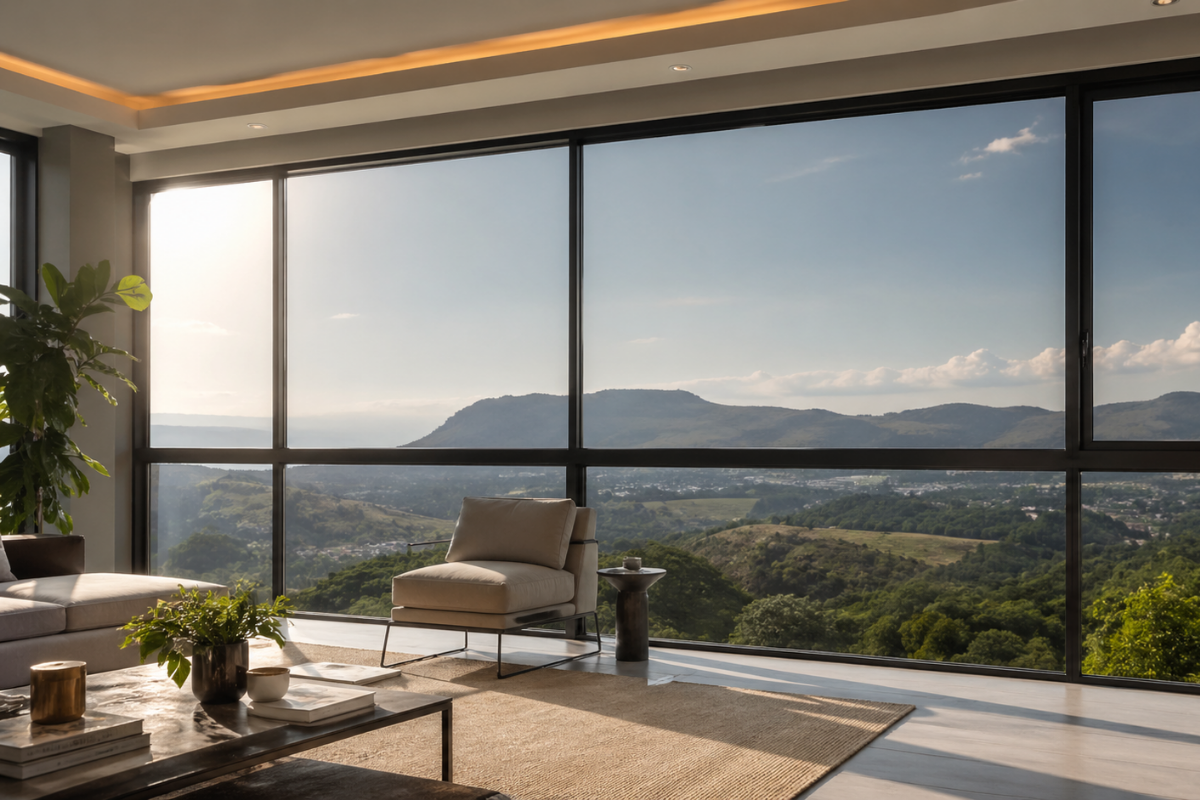 Instalación de polarizado arquitectónico en Armenia Quindío en ventana panorámica de apartamento moderno con vista a montañas, reduciendo el calor y el brillo solar.