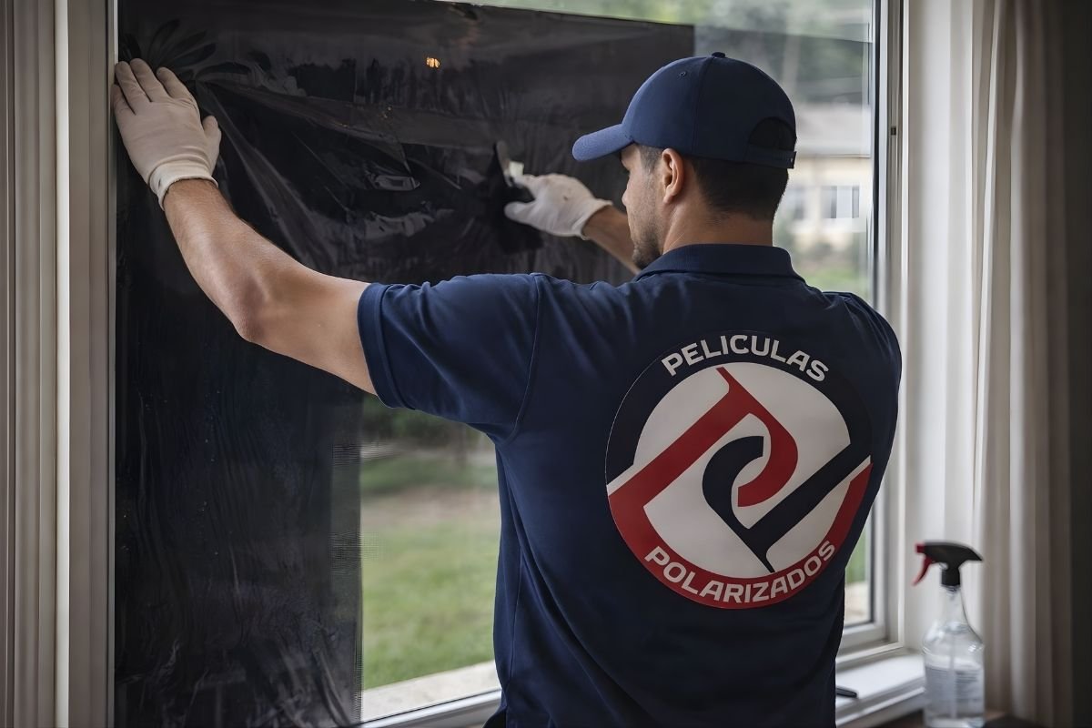 Técnico instalando película nanocarbon en ventanales de casa con protección solar