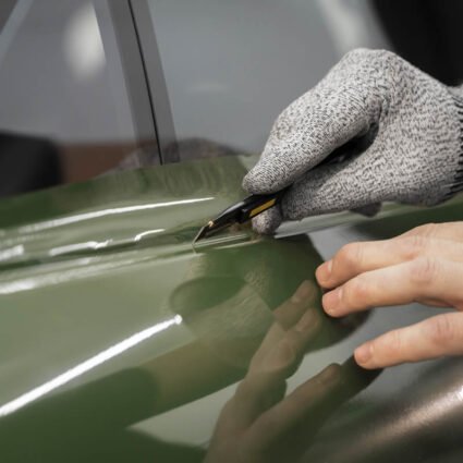 Profesional colocando película PPF sobre carrocería de automóvil para evitar rayones.