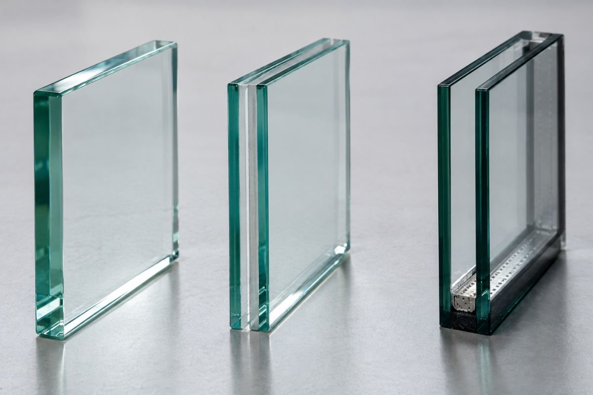 Tres muestras de vidrio mostrando el borde de un templado, un laminado y un doble vidriado