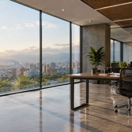 Película arquitectónica en vidrio de un ventanal de oficina con luz natural entrando al espacio