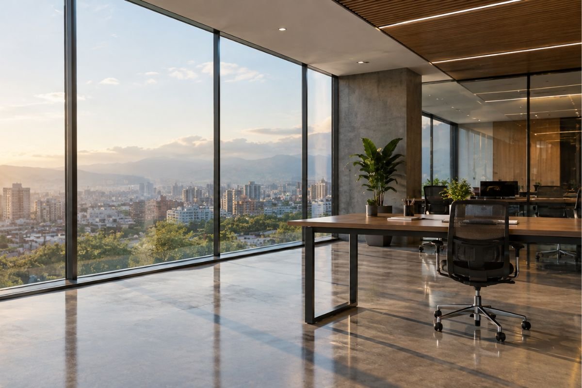 Película arquitectónica en vidrio de un ventanal de oficina con luz natural entrando al espacio
