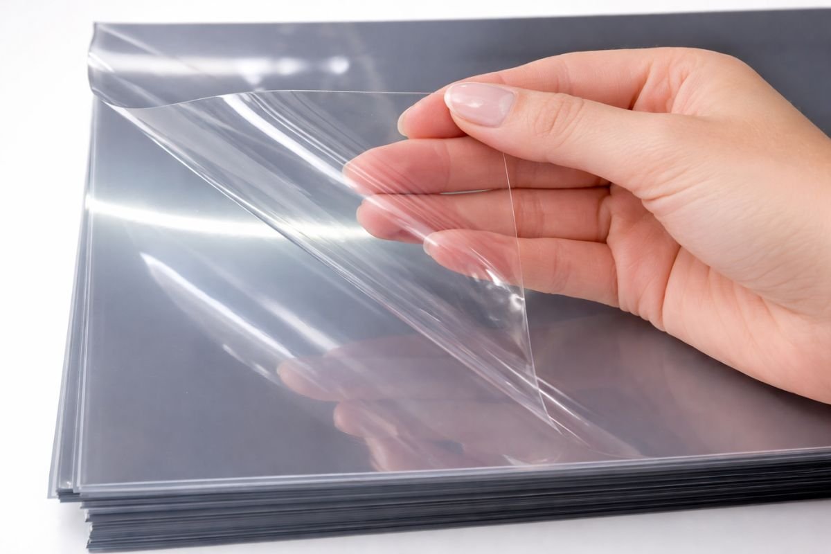 Película de seguridad transparente siendo manipulada para mostrar su resistencia y claridad.