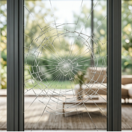 película de seguridad en ventanas de casa en Colombia con vidrio agrietado pero contenido tras impacto