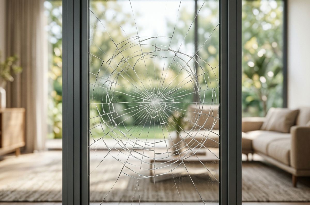 película de seguridad en ventanas de casa en Colombia con vidrio agrietado pero contenido tras impacto