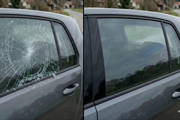 comparación de vidrio sin protección y vidrio con película de seguridad en Colombia después de un impacto