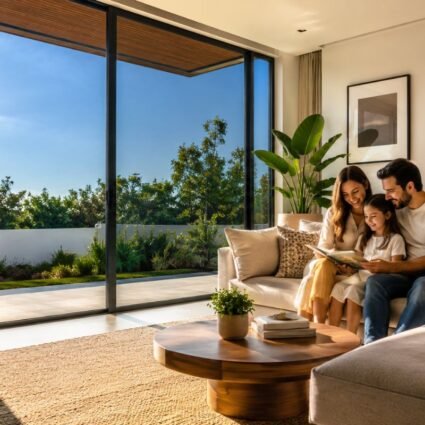 Sala moderna con ventanales de piso a techo protegidos con película de control solar, ambiente fresco y confortable mientras en el exterior se observa un día soleado de alta radiación.
