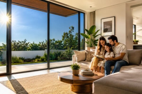 Sala moderna con ventanales de piso a techo protegidos con película de control solar, ambiente fresco y confortable mientras en el exterior se observa un día soleado de alta radiación.