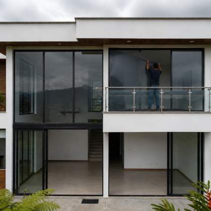 Instalación de polarizado arquitectónico en ventanales de una casa moderna en Armenia Quindío