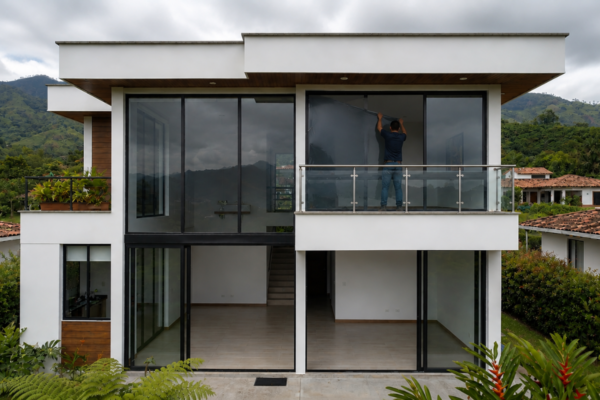 Instalación de polarizado arquitectónico en ventanales de una casa moderna en Armenia Quindío