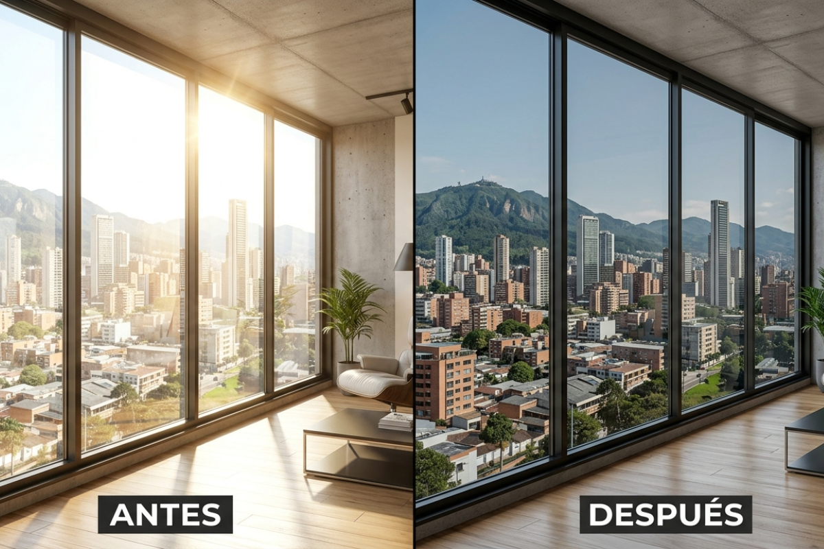 Instalación de polarizado arquitectónico en ventanas de oficina en Bogotá para reducir calor y mejorar privacidad