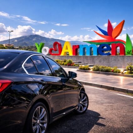 Vehículo con vidrios polarizados circulando frente al letrero Yo Amo Armenia bajo cielo azul en Armenia Quindío