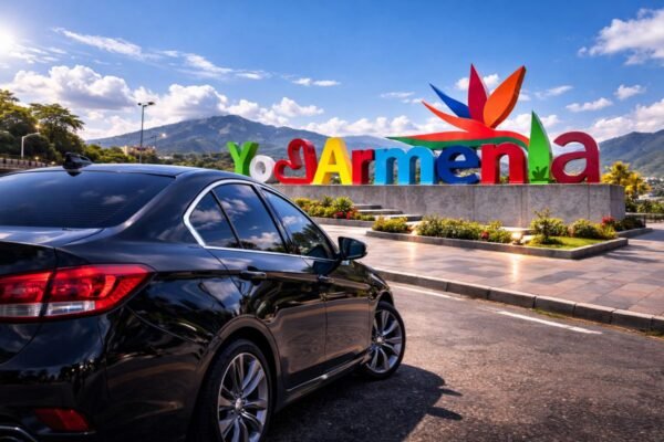 Vehículo con vidrios polarizados circulando frente al letrero Yo Amo Armenia bajo cielo azul en Armenia Quindío