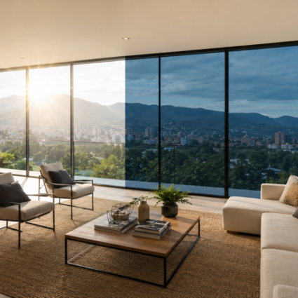 Polarizados para casas en Bogotá instalados en amplios ventanales de una vivienda moderna para reducir calor, reflejos y rayos UV
