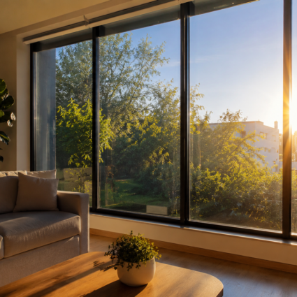 Habitación con grandes ventanales protegidos con películas de control solar para reducir el calor y mejorar el confort térmico en una vivienda en Colombia.