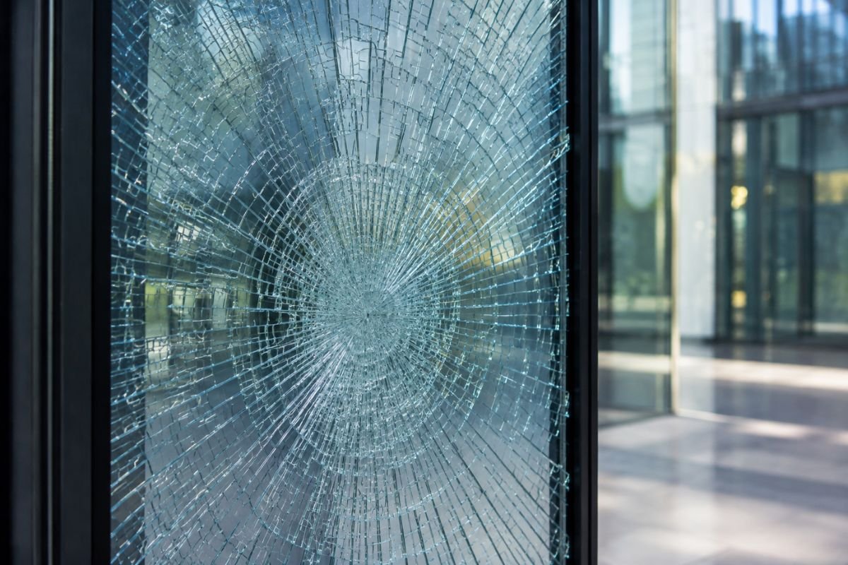 Vidrio protegido con película de seguridad que mantiene unidos los fragmentos tras un impacto.