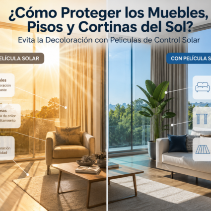 Sala moderna con grandes ventanales donde se compara el efecto del sol sobre muebles, pisos y cortinas sin protección y con películas de control solar que evitan la decoloración causada por los rayos UV.