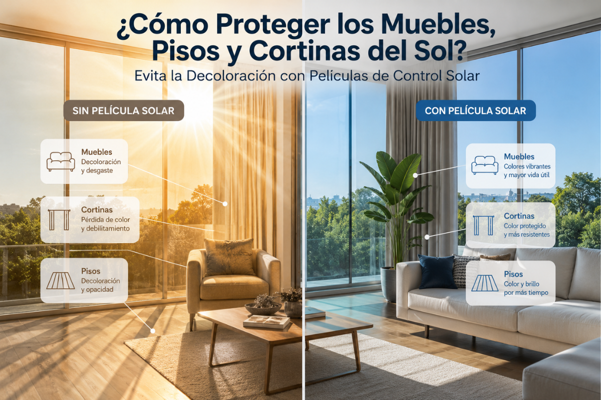 Sala moderna con grandes ventanales donde se compara el efecto del sol sobre muebles, pisos y cortinas sin protección y con películas de control solar que evitan la decoloración causada por los rayos UV.