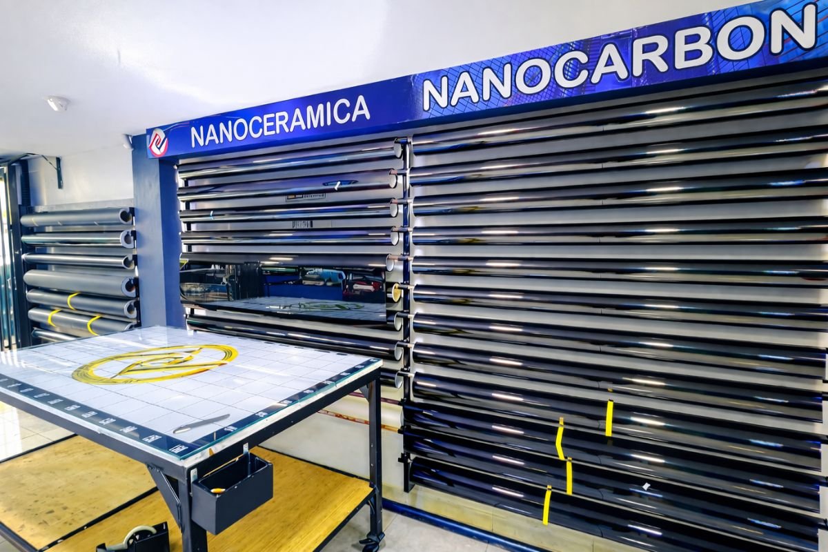 Rollos de láminas nanocerámicas y nanocarbono organizados en estantes dentro de un taller de instalación de polarizados.