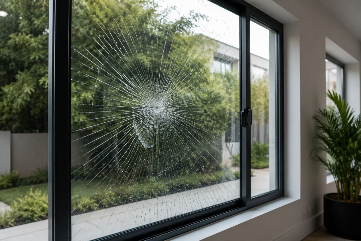 Vidrio protegido con película de seguridad después de un impacto